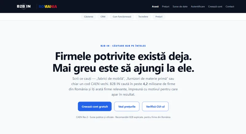 Captură ecran din pagina principală b2bin.ro